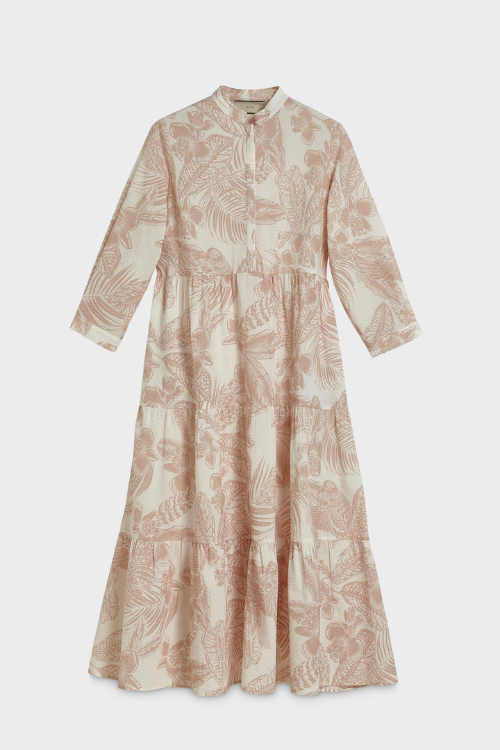 Printed Cotton Flared Volant Dress with Button Tape