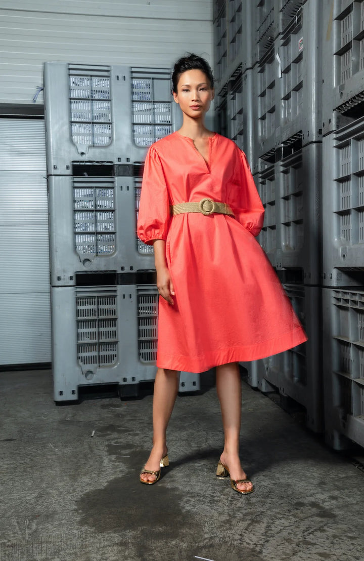 gathered sleeves poplin dress coral main