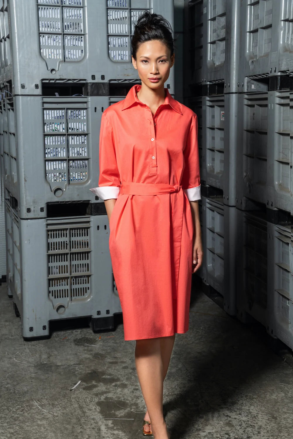 long poplin shirt dress coral main model