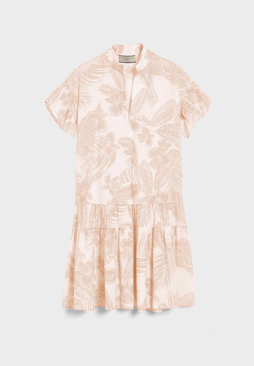 printed cotton flared hem dress with v-neck beige