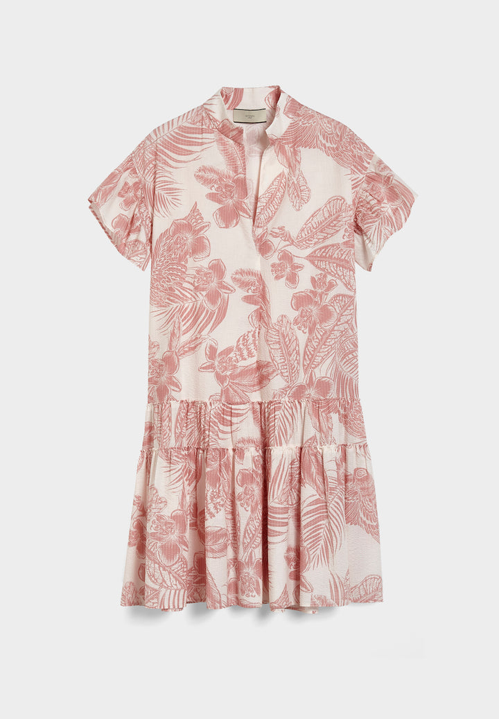 printed cotton flared hem dress with v-neck