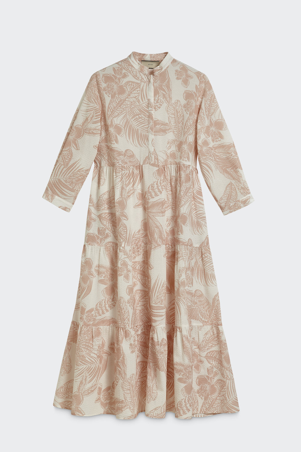 printed cotton flared volant dress with button tape beige