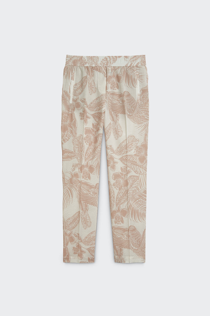 printed cotton lille slipover pants with welt pockets beige