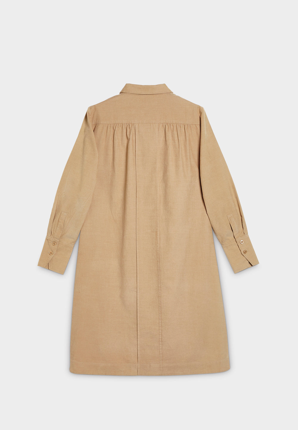 ruffle placket cord dress beige back