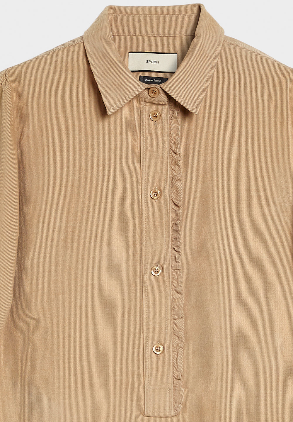 ruffle placket cord dress beige detail front