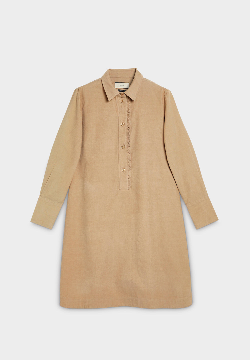 ruffle placket cord dress beige front