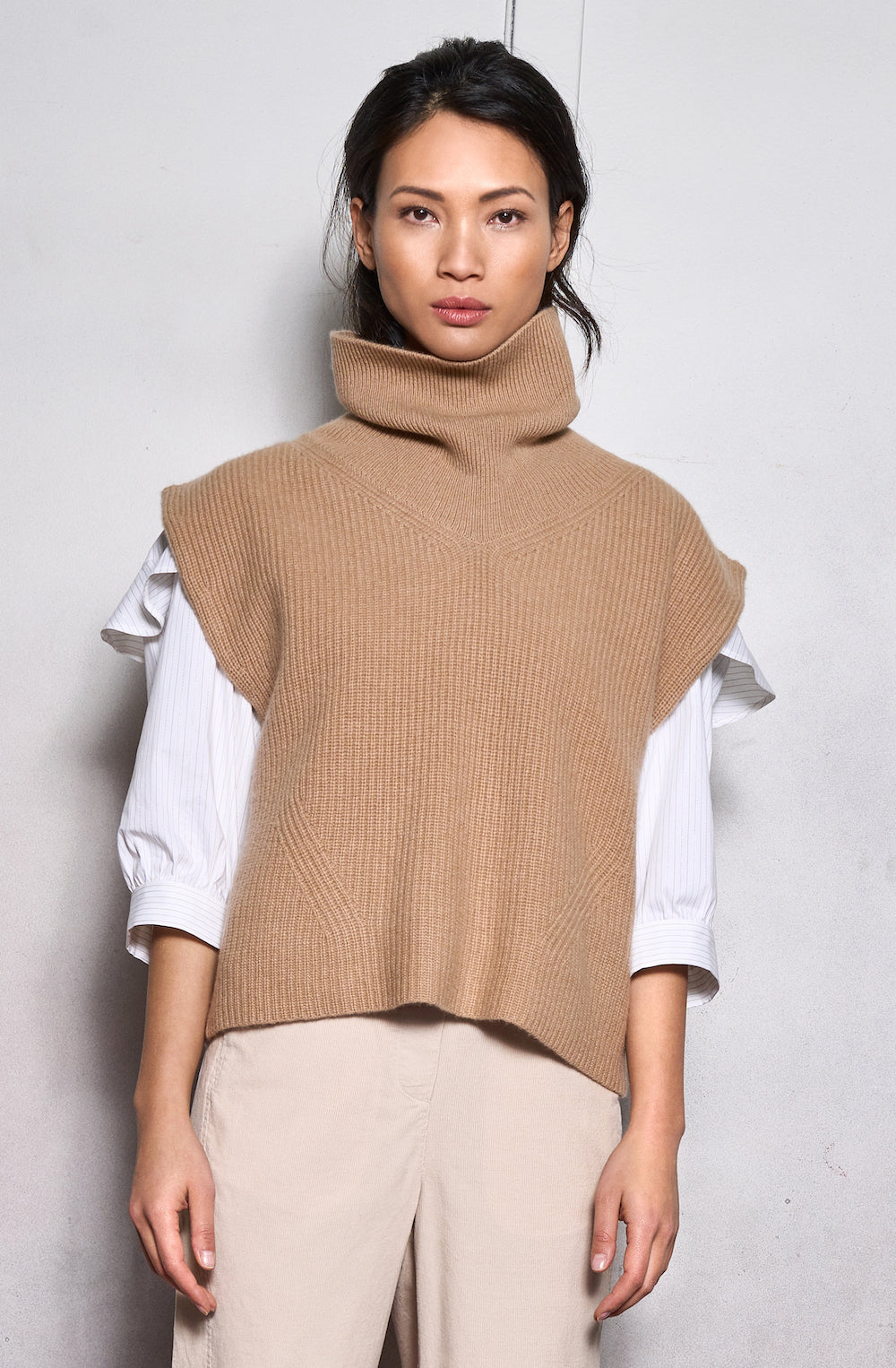 turtle neck cashmere slip over caramel